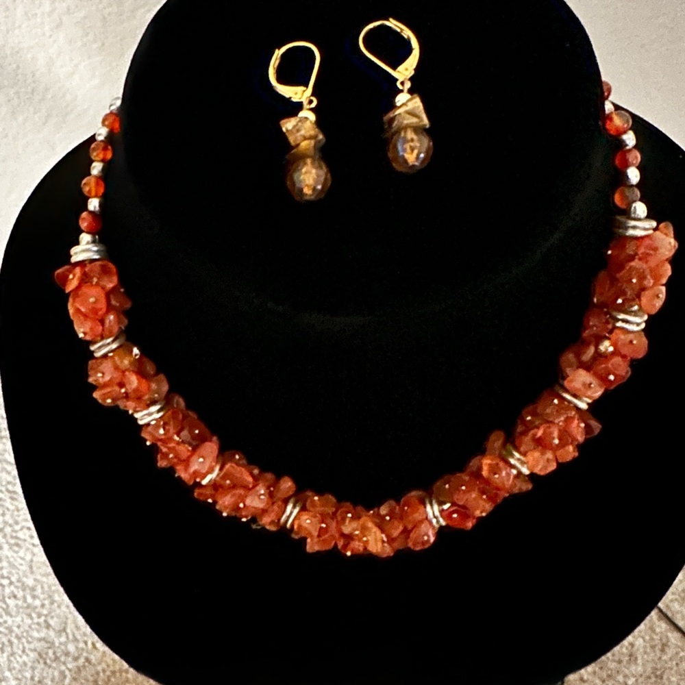 Handcrafted Orange Beaded Necklace and Earring Set